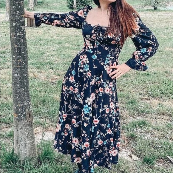 Floral Dress Square Neck Fit & Flare Maxi Long Sleeve Leg Slit Front Ties Blue - Picture 14 of 16
